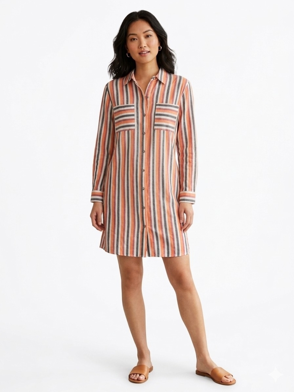 NIC + ZOE $168 Striped Button Front Shirt Dress Front Pockets Orange Pink Cream